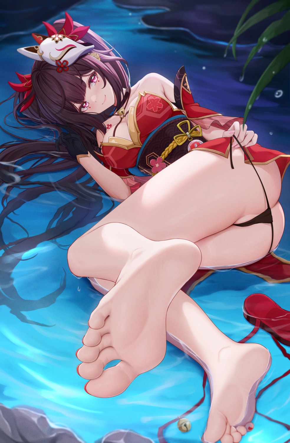 feet honkai:_star_rail japanese_clothes mu_xue no_bra pantsu panty_pull sparkle_(honkai:_star_rail) string_panties tattoo thong undressing wet