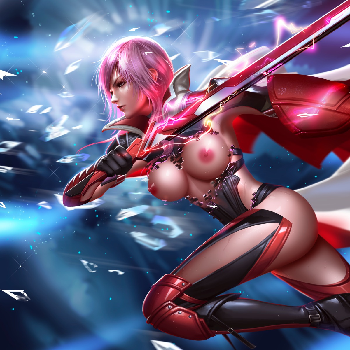 armor bodysuit breasts final_fantasy final_fantasy_xiii heels liang_xing lightning nipples no_bra sword torn_clothes