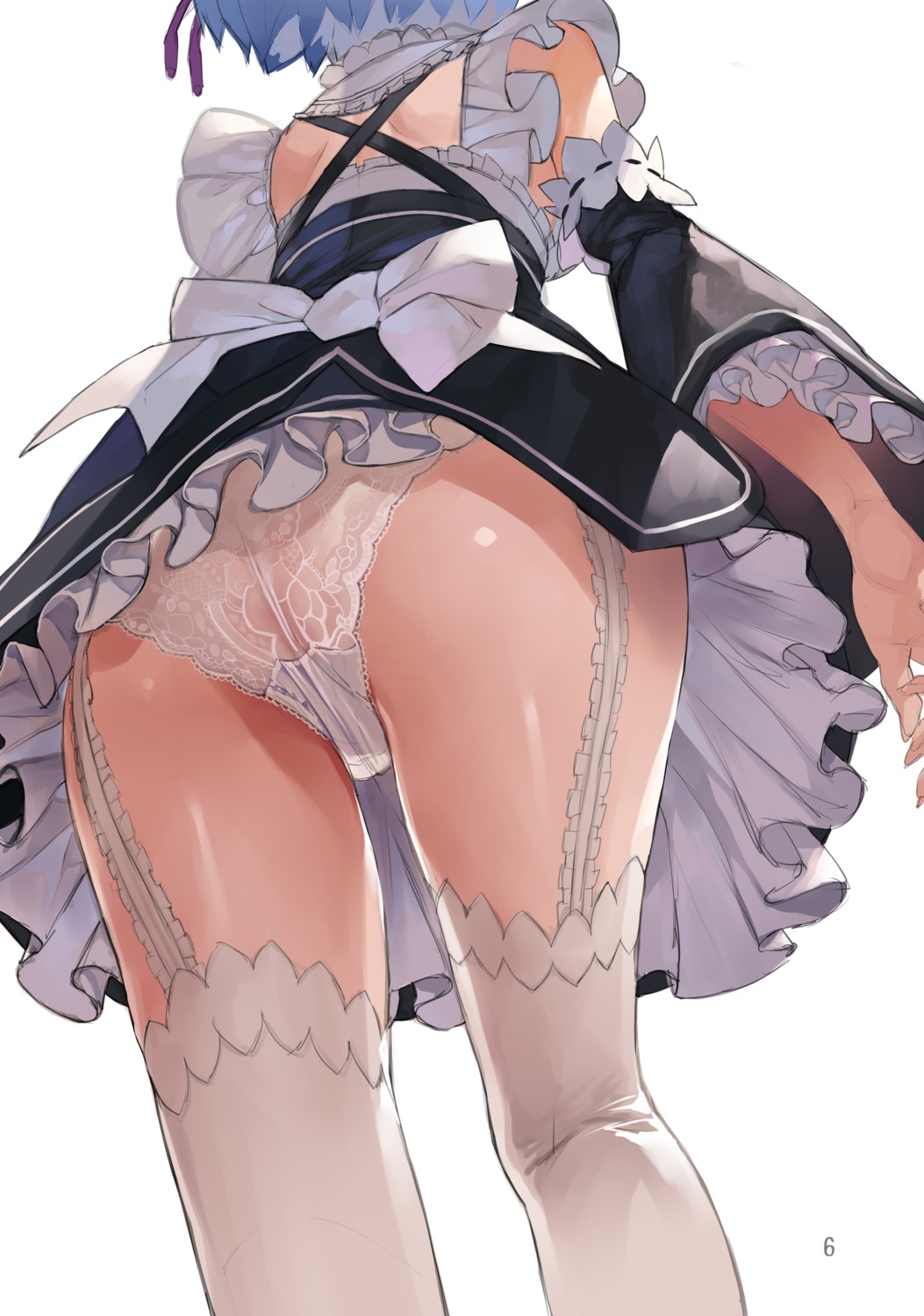 ass gaou_(matsulatte) lingerie macaron_taitei maid pantsu re_zero_kara_hajimeru_isekai_seikatsu rem_(re_zero) see_through stockings thighhighs