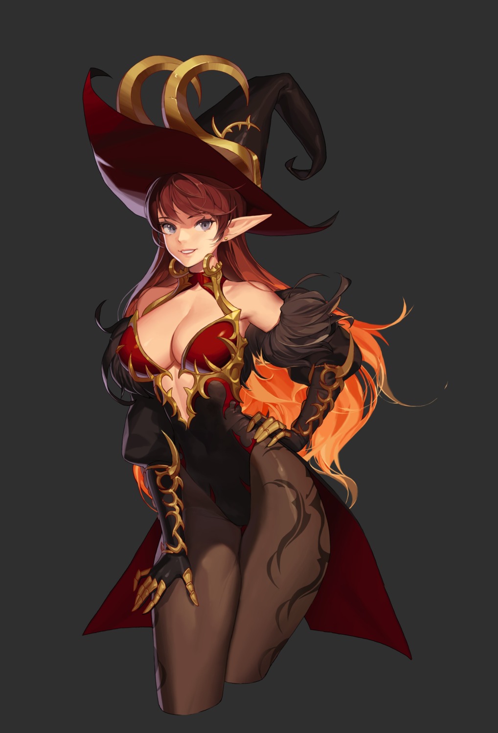 armor choyeon cleavage leotard no_bra pantyhose pointy_ears witch