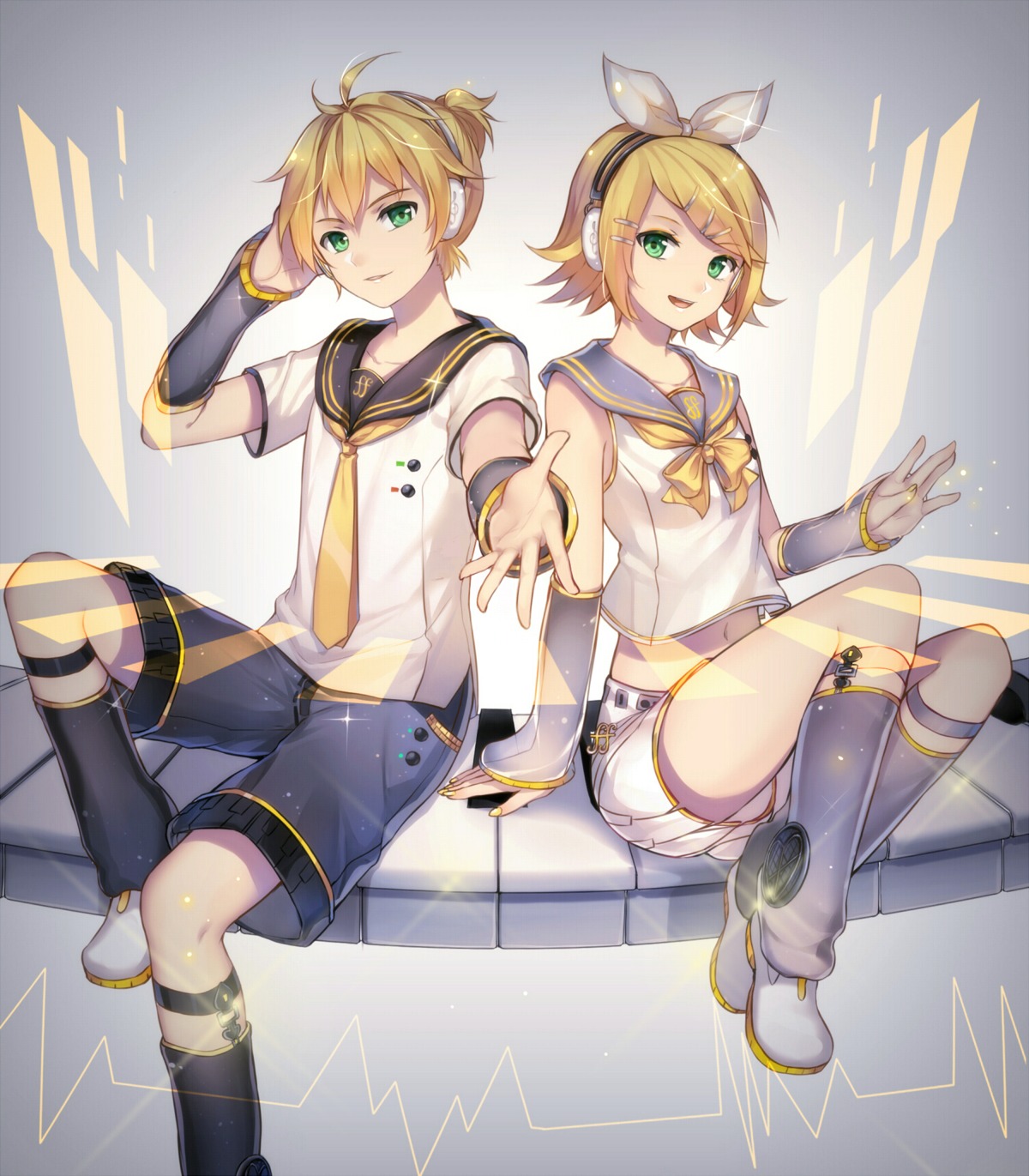 headphones kagamine_len kagamine_rin qingshui_ai vocaloid