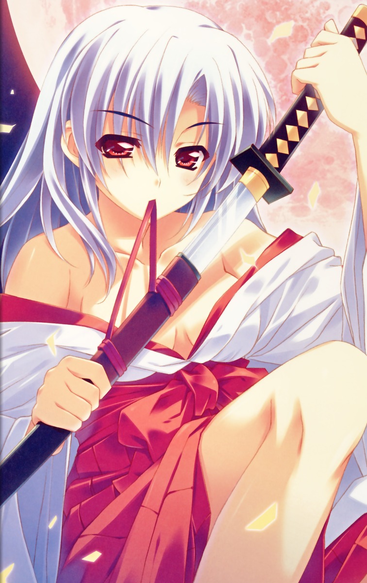 cleavage kusukusu miko minatogawa_tamami moshimo_ashita_ga_hare_naraba no_bra palette sword