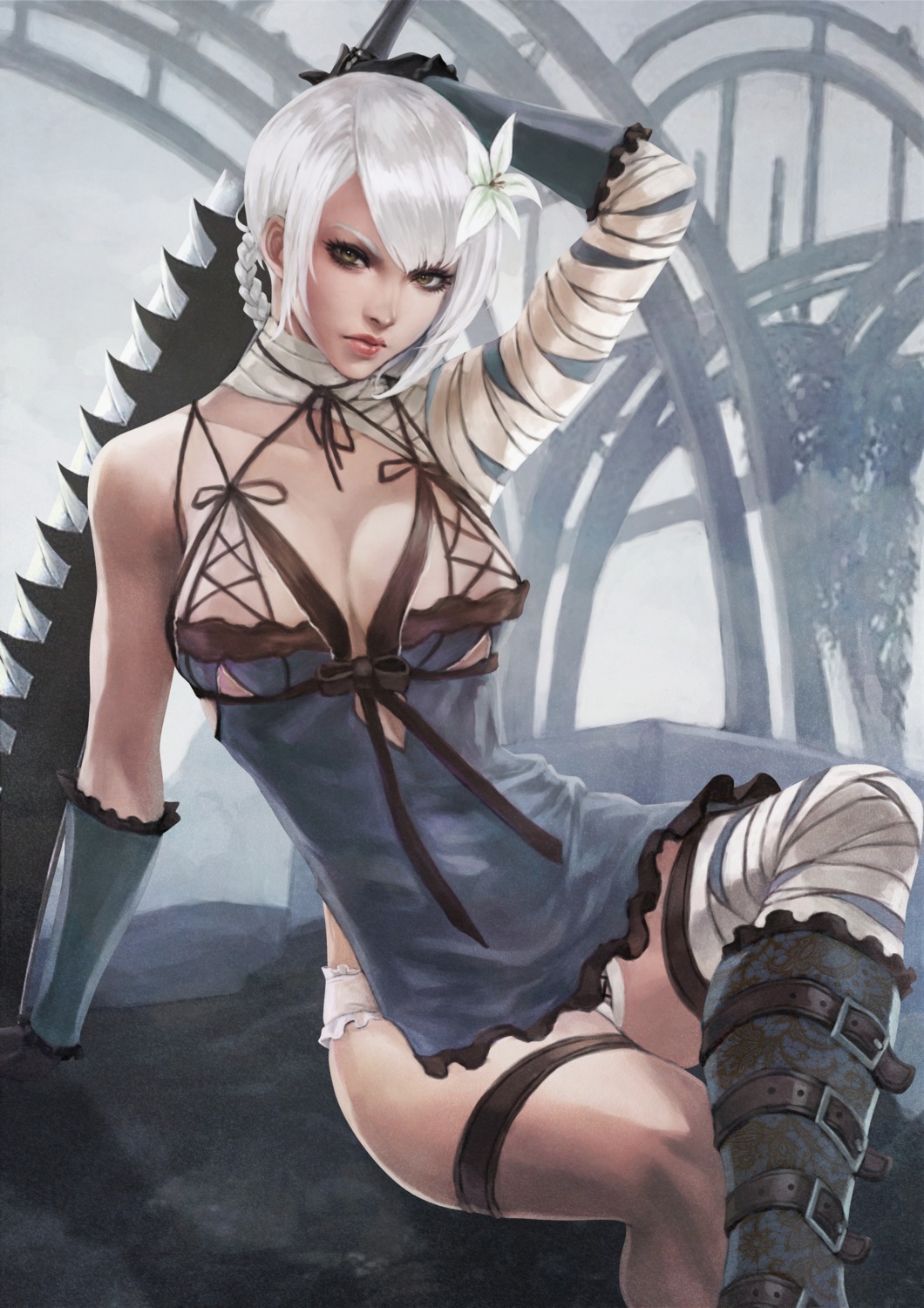 bandages garter kaine_(nier) lingerie monori_rogue nier nier_replicant no_bra pantsu sword thighhighs