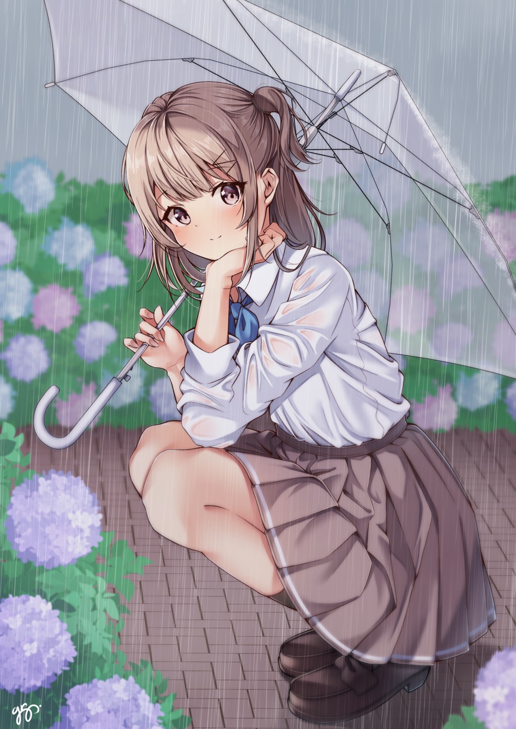 gri guri_(gri1211) see_through seifuku skirt_lift umbrella wet_clothes