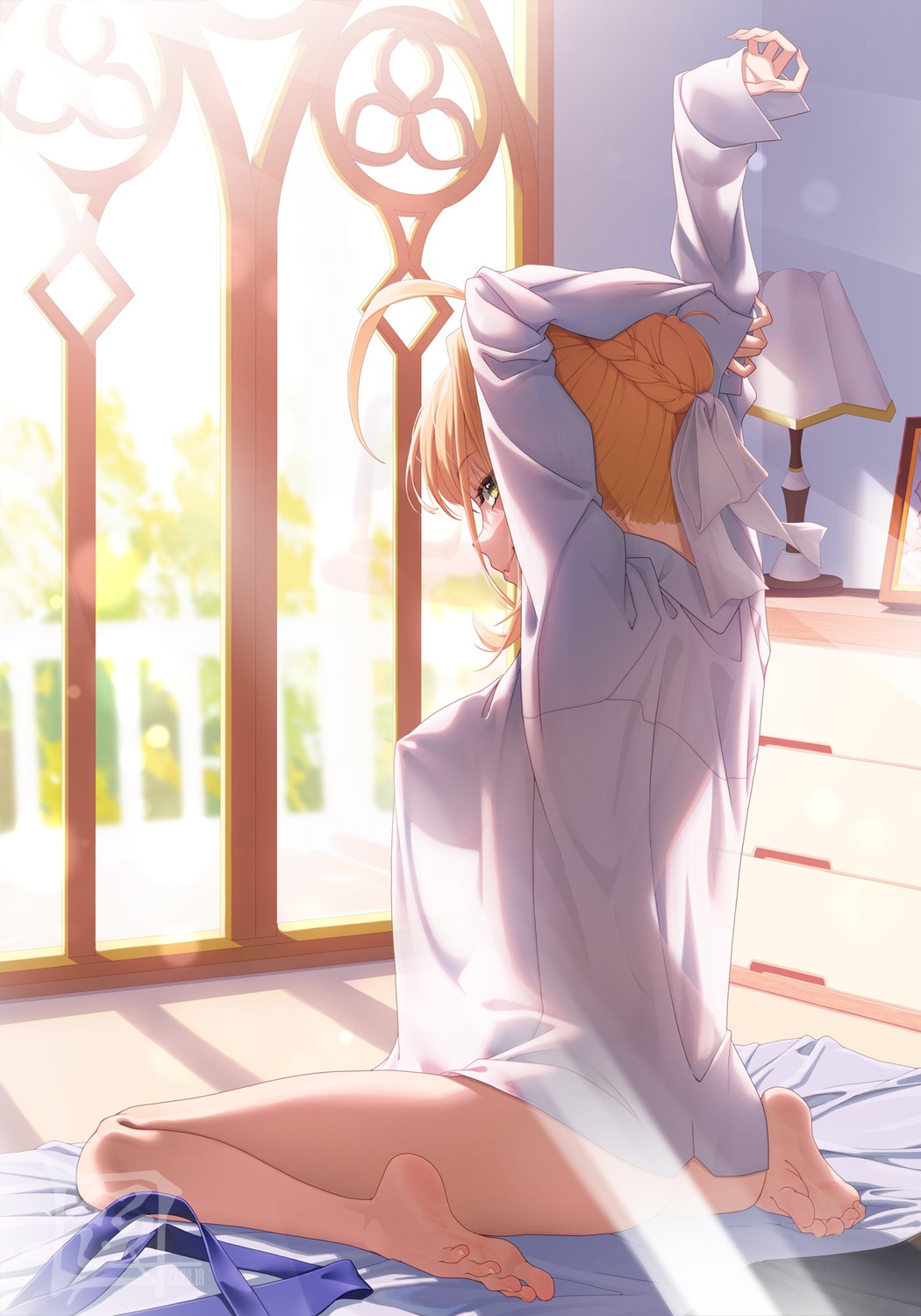 bottomless dress_shirt fate/grand_order no_bra saber_extra see_through suryua