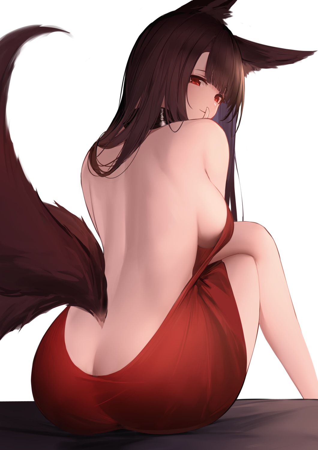 akagi_(azur_lane) an_yasuri animal_ears ass azur_lane dress kitsune no_bra nopan skirt_lift tail