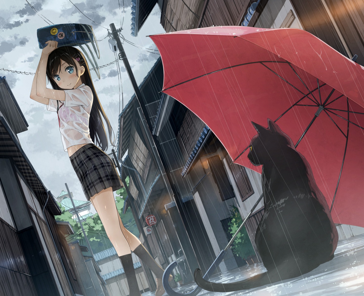 bra kantoku miyaguchi_hiromi neko see_through seifuku umbrella wet wet_clothes