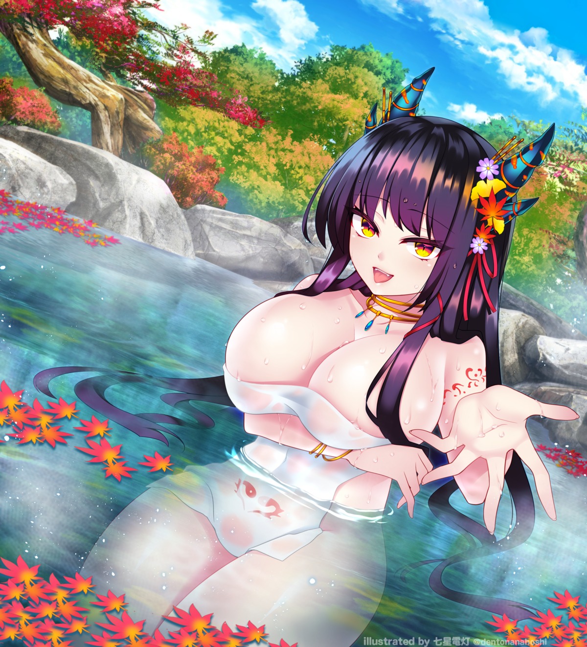 bathing breast_hold dentonanahoshi horns naked onsen see_through tattoo towel tunogami wet
