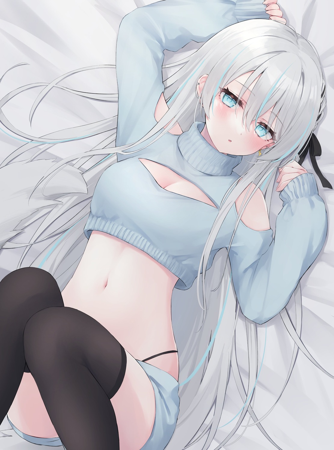 indie_virtual_youtuber mizushiro_kumori no_bra pantyhose shano_hiyori sweater thighhighs