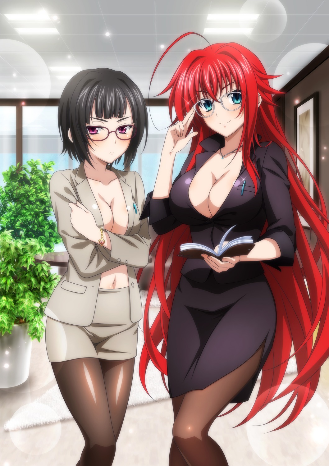 breast_hold business_suit highschool_dxd marvelous_entertainment megane no_bra open_shirt pantyhose rias_gremory sona_sitri