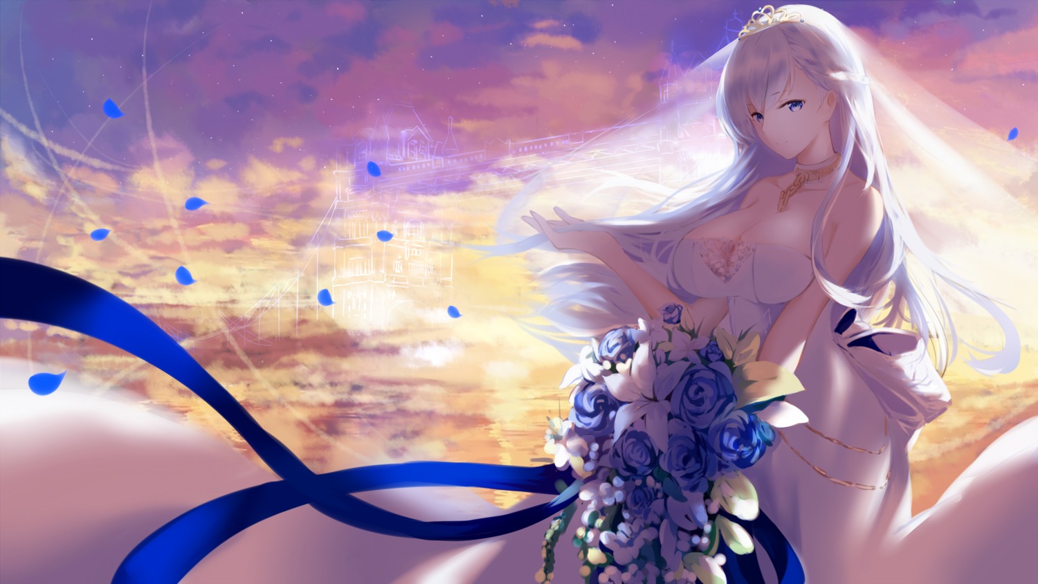 an_yasuri azur_lane belfast_(azur_lane) cleavage dress landscape wedding_dress