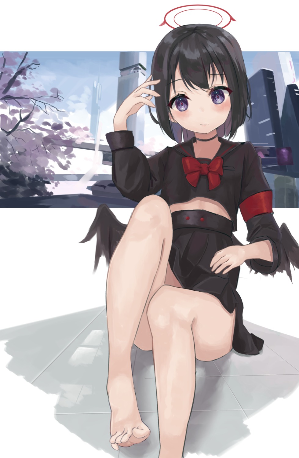 blue_archive feet nina_(pixiv31869672) seifuku shizuyama_mashiro skirt_lift wings