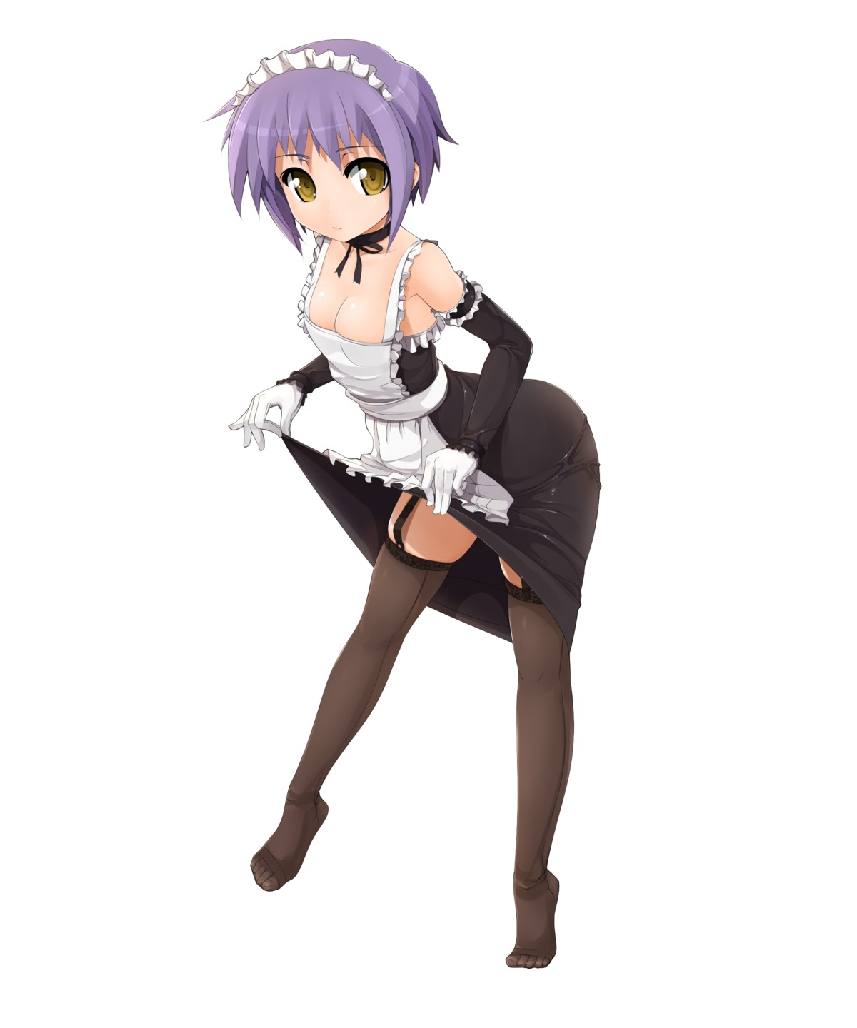 cleavage maid nagato_yuki potion skirt_lift stockings suzumiya_haruhi_no_yuuutsu thighhighs