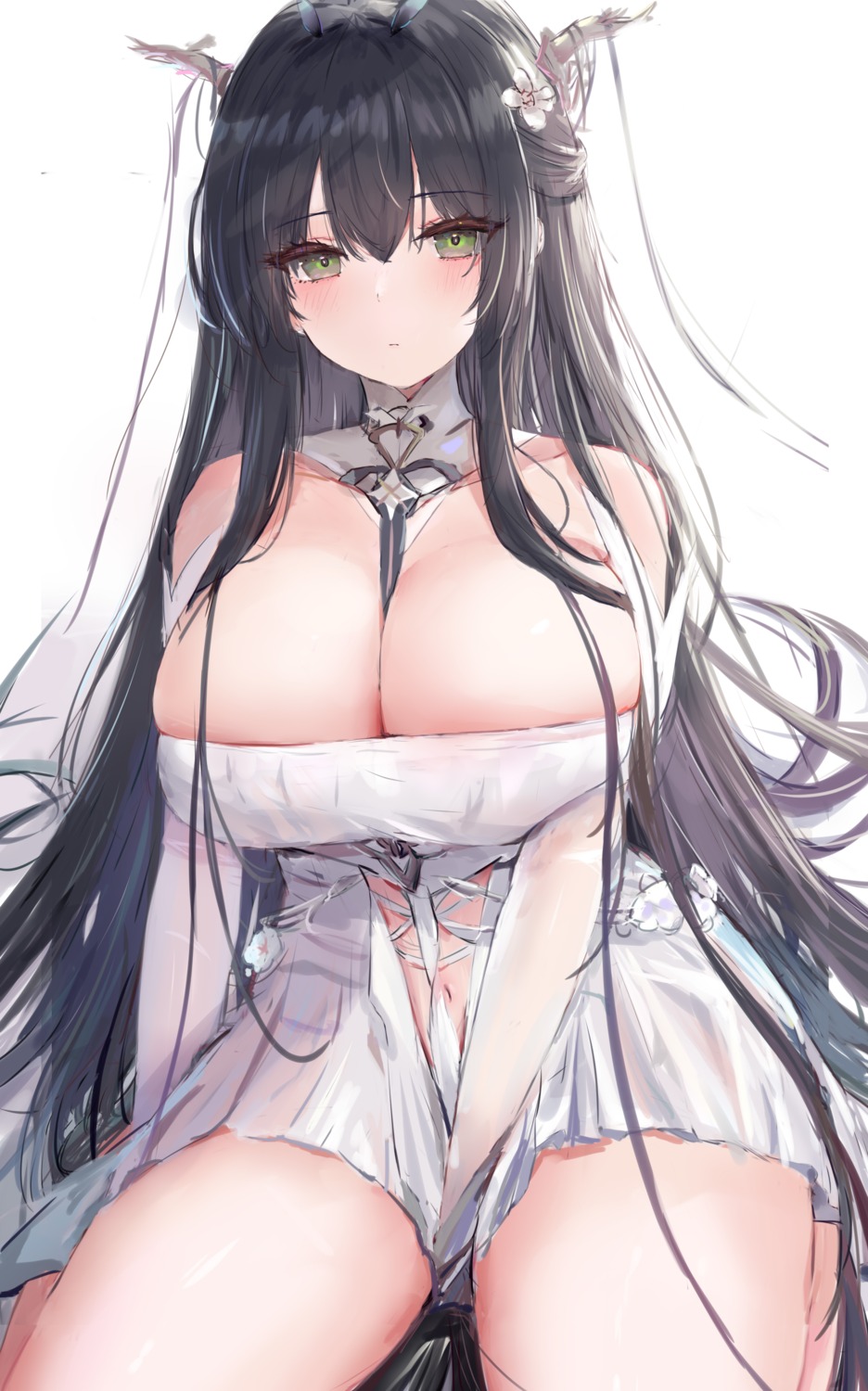 artist_revision azur_lane breast_hold dress horns indomitable_(azur_lane) lshiki no_bra see_through sketch