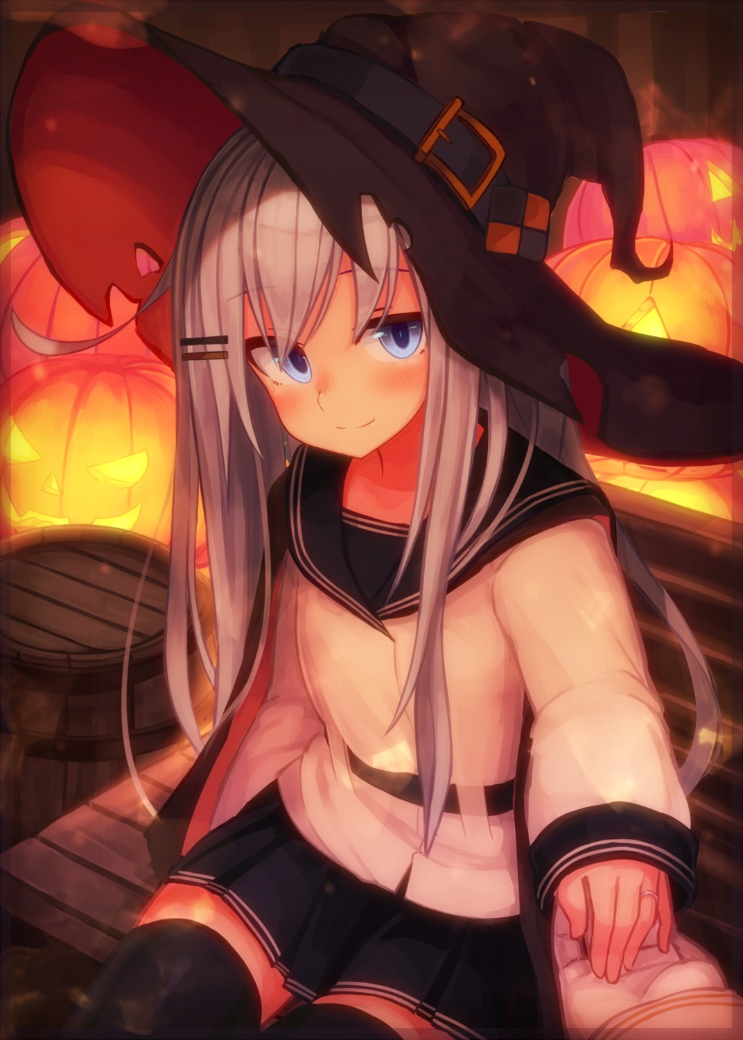 halloween hibiki_(kancolle) kantai_collection reitou_mikan seifuku thighhighs witch