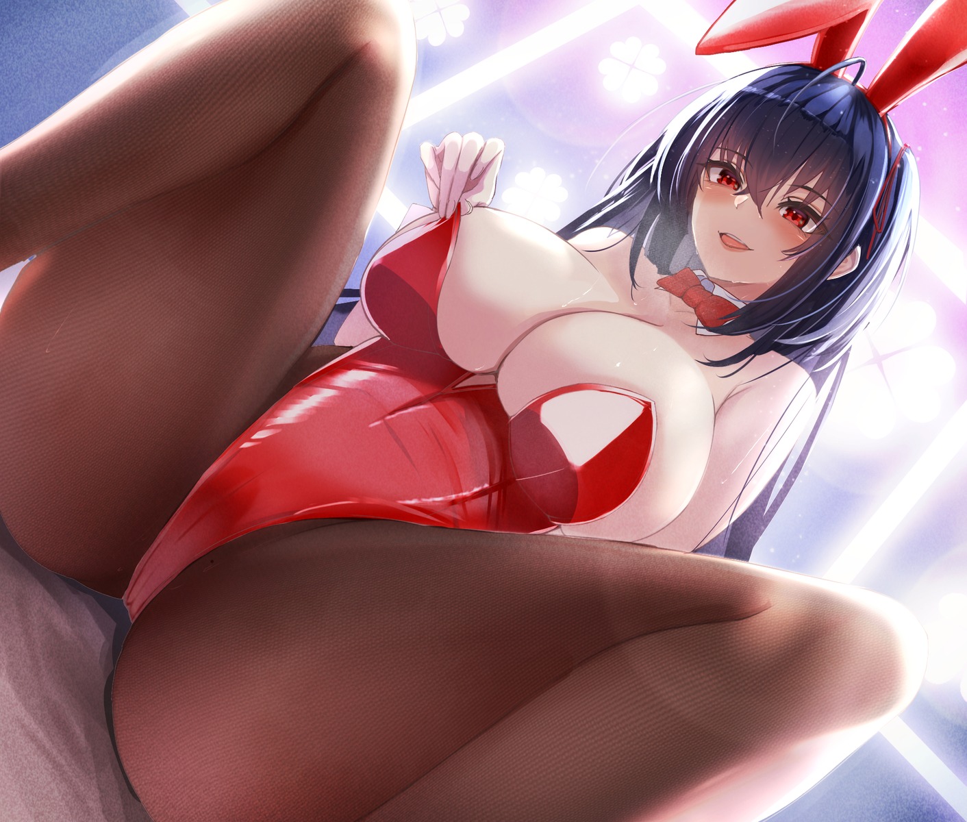 animal_ears azur_lane bunny_ears bunny_girl no_bra pantyhose sho_sano taihou_(azur_lane) undressing