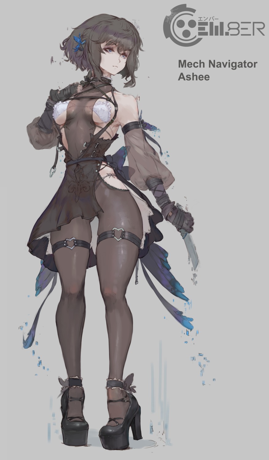 bandages bodysuit bra cutesexyrobutts em8er garter heels pantsu see_through weapon