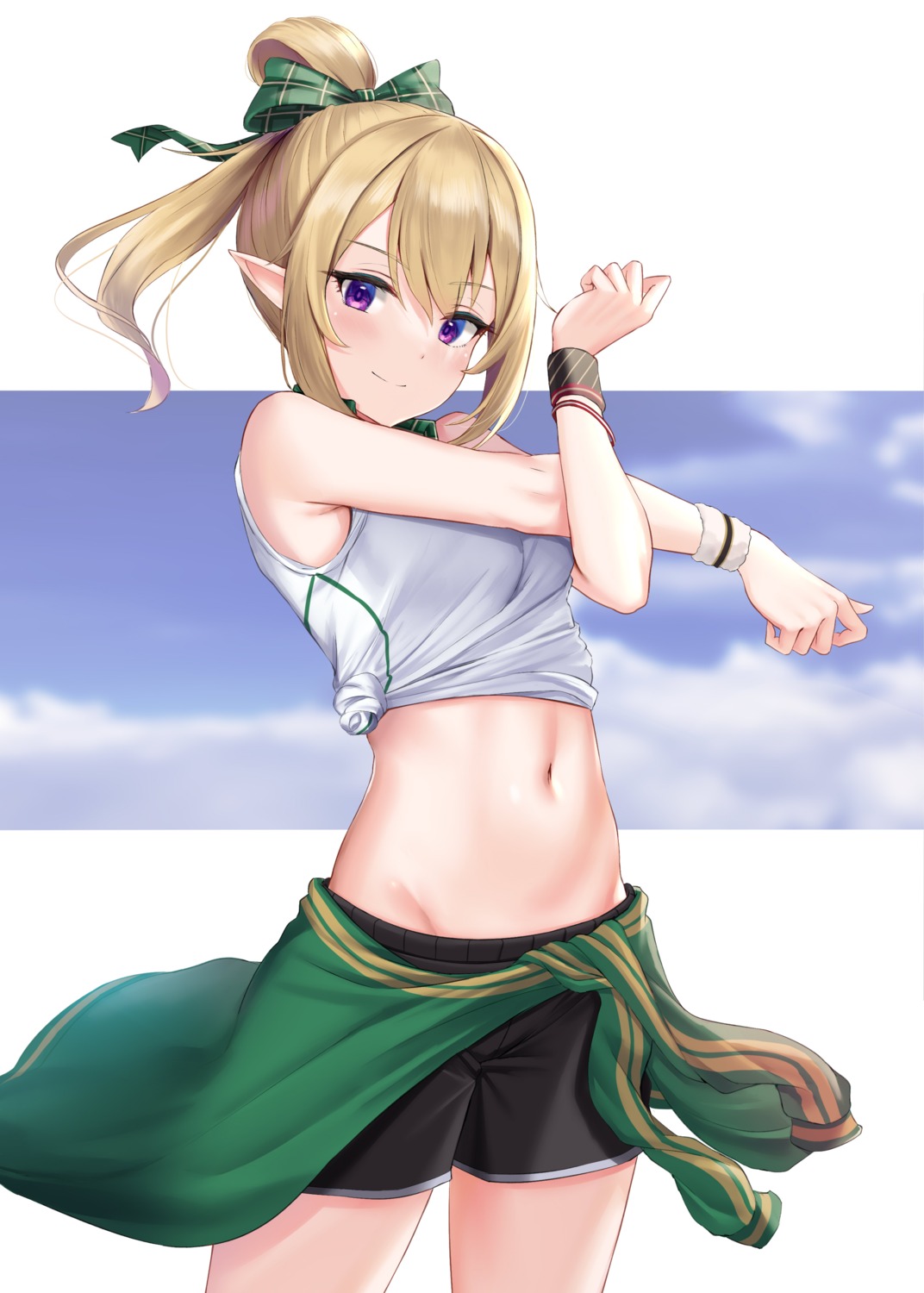 gym_uniform kuroe_hanako pointy_ears princess_connect princess_connect!_re:dive rama_(yu-light8) shirt_lift