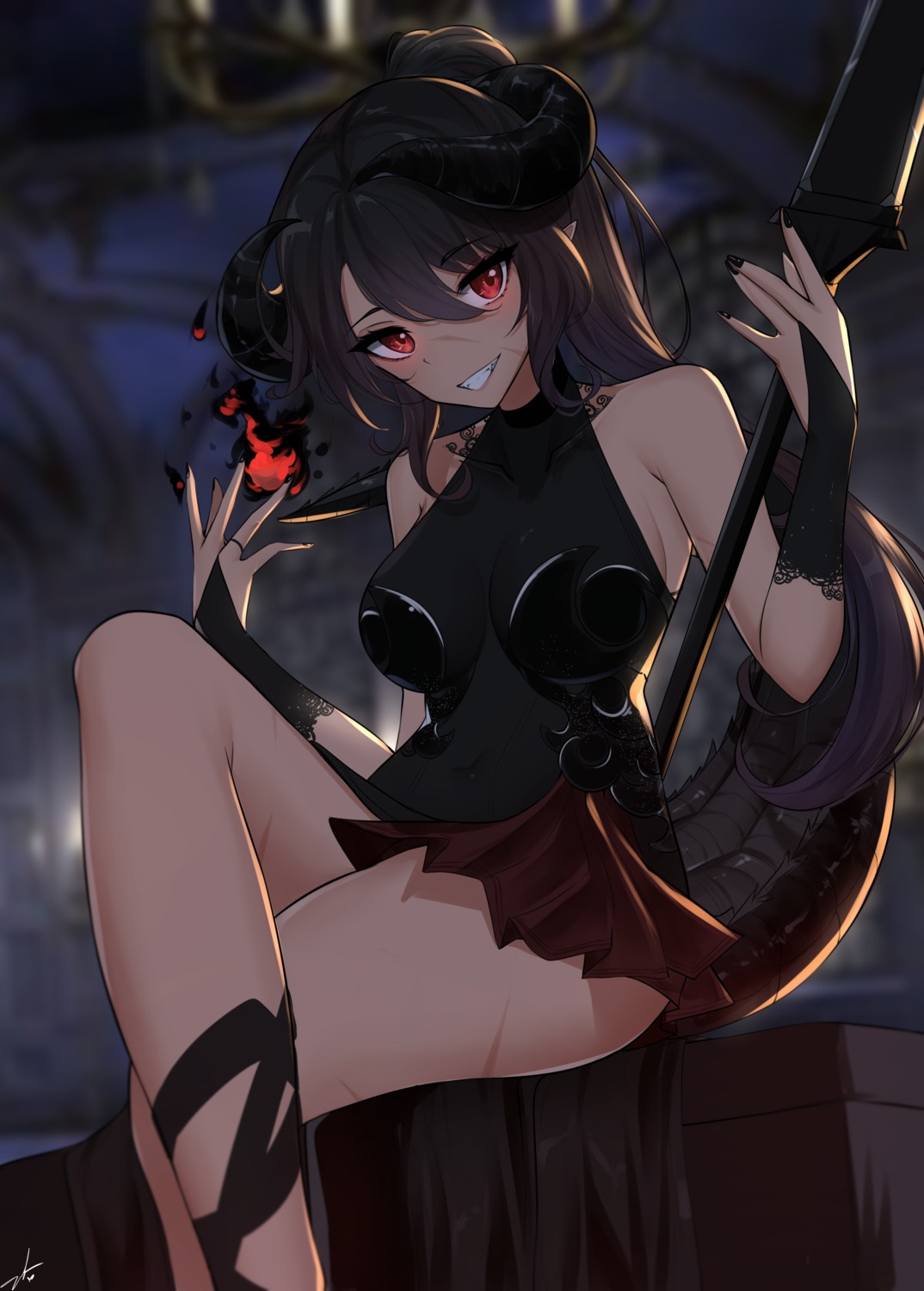 dress feint721 horns monster_girl no_bra pointy_ears see_through tail weapon