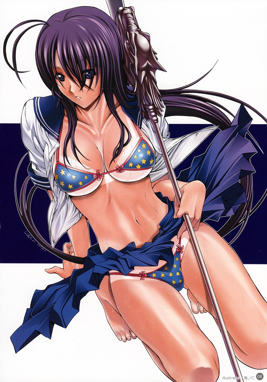 bikini cleavage ikkitousen ikkitousen~dragon_destiny~ kanu_unchou kino_hitoshi open_shirt seifuku swimsuits tan_lines