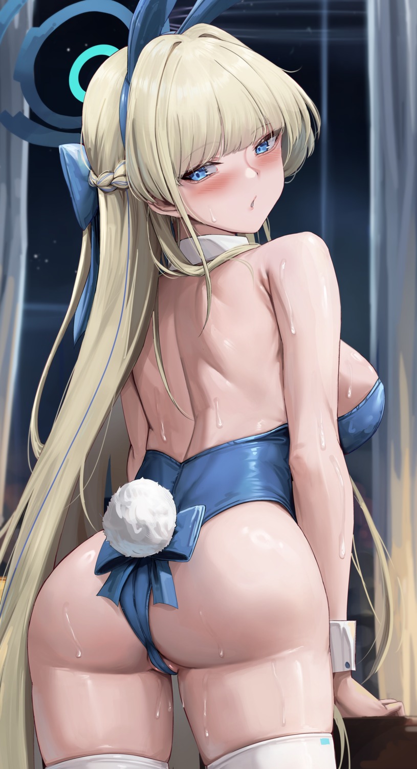 animal_ears ass asuma_toki blue_archive bunny_ears bunny_girl halo kuutamo no_bra tail thighhighs wet