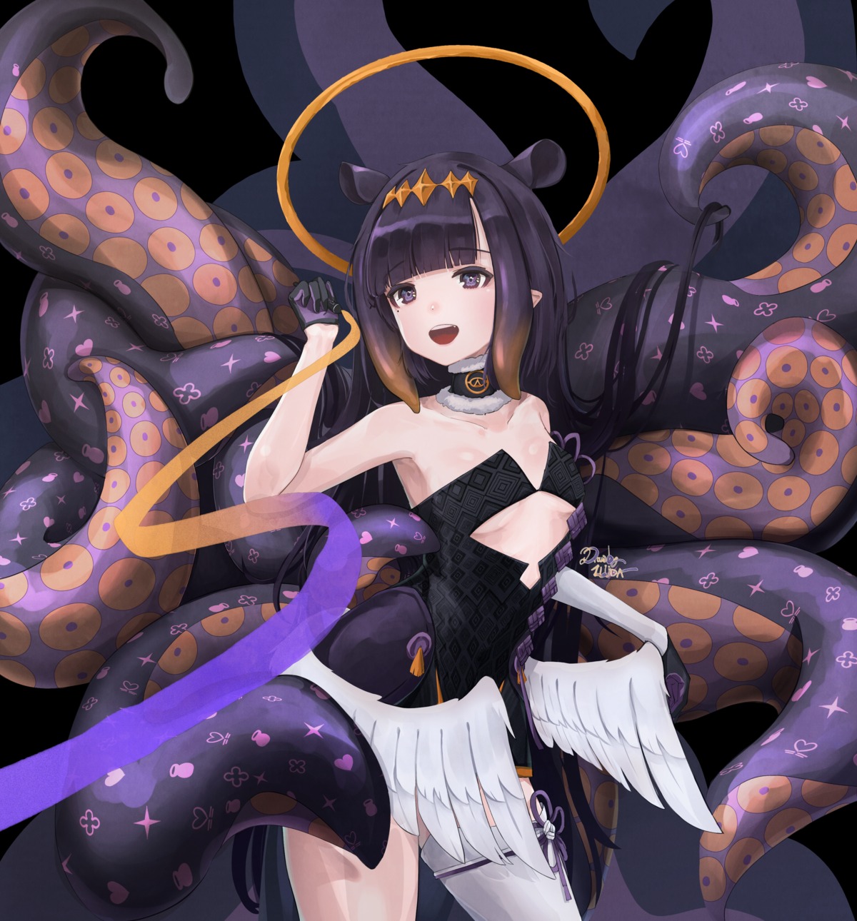 garter hololive hololive_english ninomae_ina'nis no_bra pointy_ears rodailuda tentacles thighhighs wings