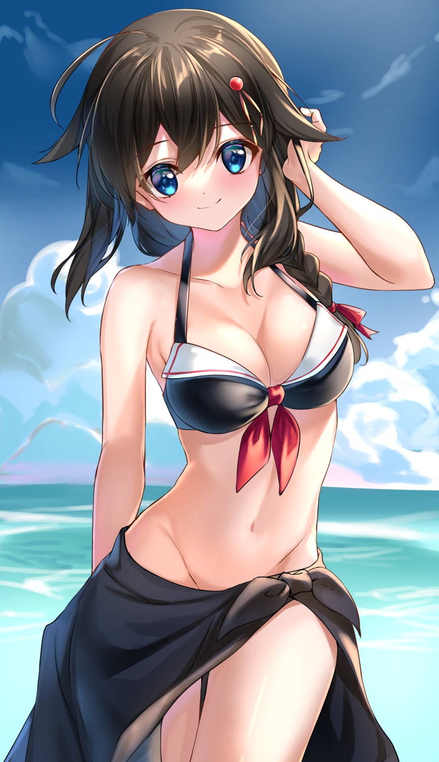 bikini_top cleavage kantai_collection rukinya_(nyanko_mogumogu) shigure_(kancolle) swimsuits