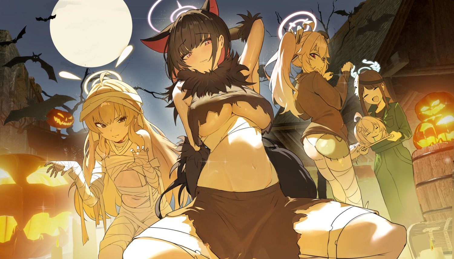 animal_ears bandages blue_archive halloween halo ibaragi_yoshimi kurimura_airi kyouyama_kazusa loli naked_ribbon nekomimi no_bra pantsu thong torn_clothes yutori_natsu yuyiosang