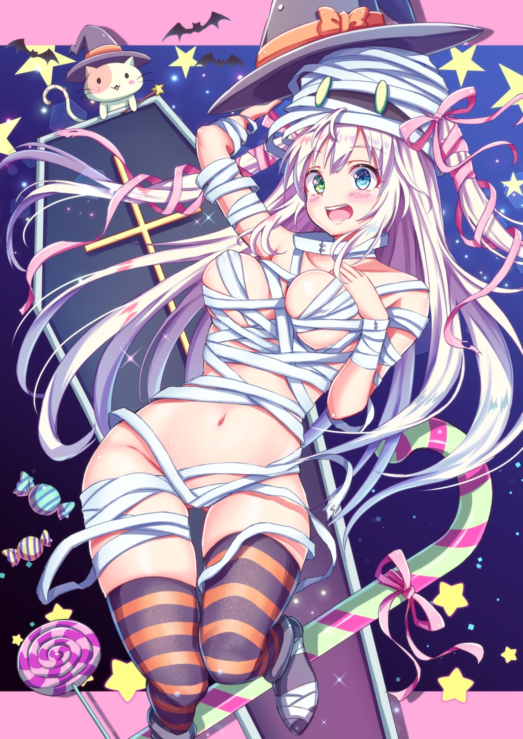 bandages breast_hold halloween naked_ribbon neko tenzeru thighhighs witch