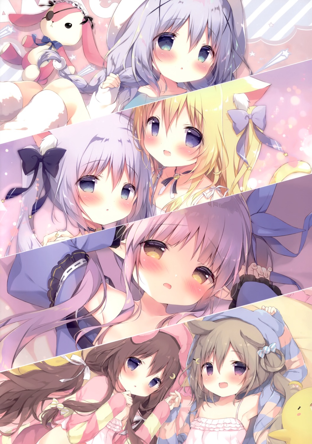 animal_ears azur_lane cornet_(shiratama) elf fumizuki_(azur_lane) gochuumon_wa_usagi_desu_ka? hikawa_kyouka inumimi kafuu_chino loli lolita_fashion manjuu_(azur_lane) nagatsuki_(azur_lane) nekomimi no_bra open_shirt pajama pointy_ears princess_connect princess_connect!_re:dive shiratama shiratamaco tail tsurara_(shiratama) wa_lolita