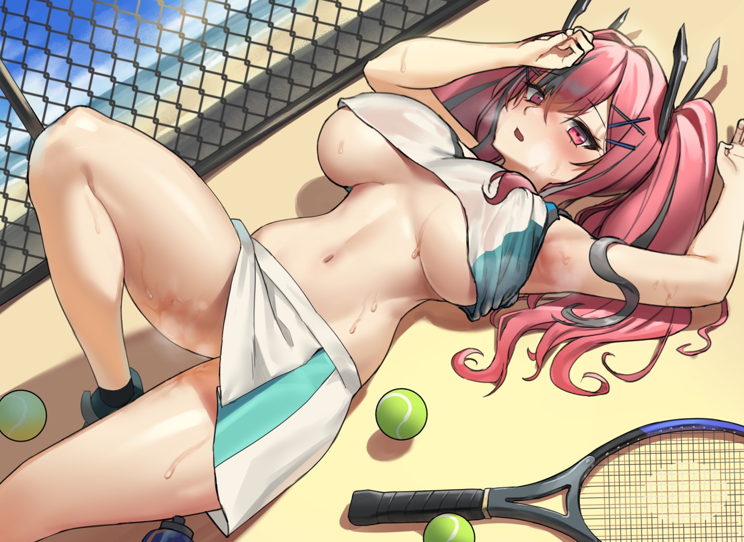 azur_lane bremerton_(azur_lane) no_bra see_through shirt_lift skirt_lift tennis urrrt wet_clothes