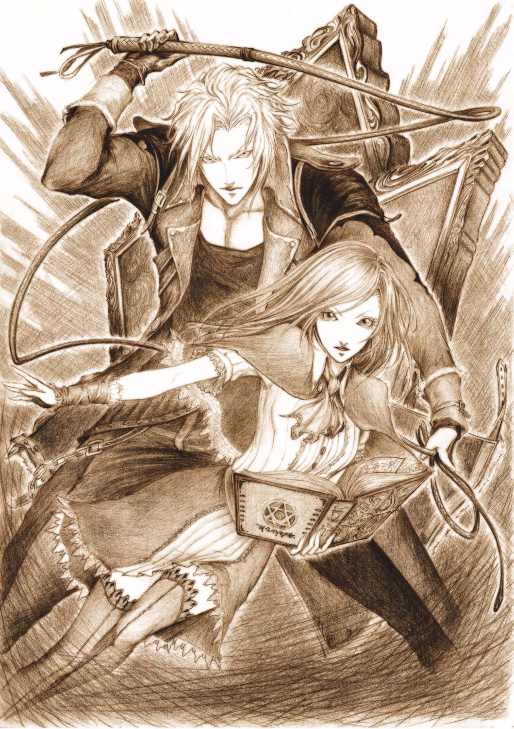 castlevania castlevania:_portrait_of_ruin charlotte_aulin daburoku jonathan_morris monochrome thighhighs