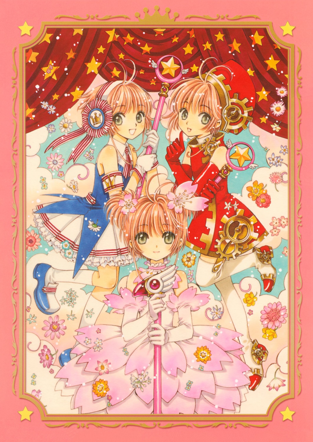 card_captor_sakura clamp kinomoto_sakura skirt_lift stockings thighhighs weapon