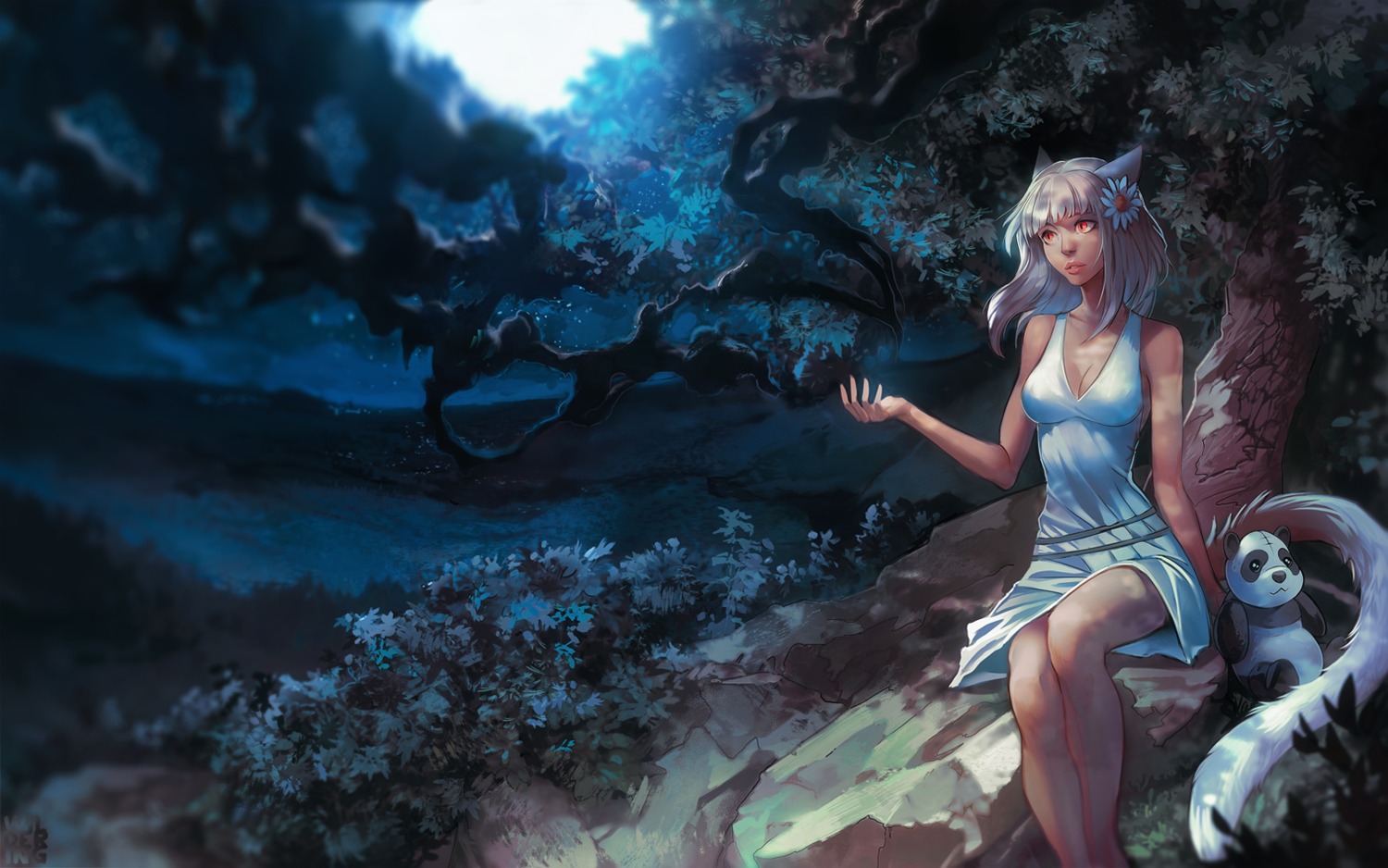 animal_ears cleavage dress landscape nekomimi skirt_lift summer_dress tail wallpaper wildering