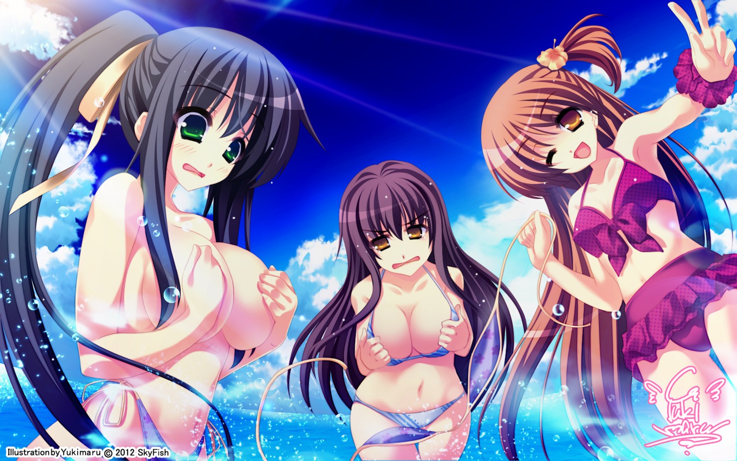 bikini breast_hold cleavage skyfish swimsuits topless wallpaper wardrobe_malfunction yukimaru_(skyfish)