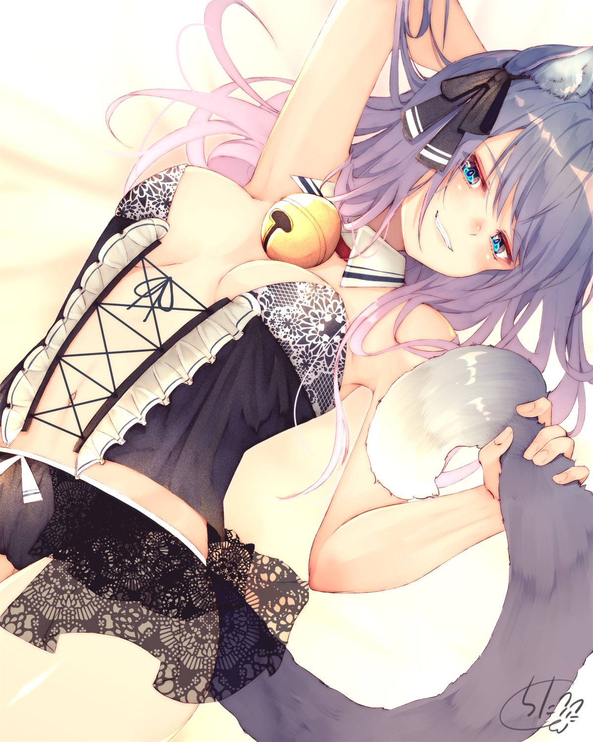 animal_ears chita_(ketchup) cleavage lingerie nekomimi no_bra pantsu see_through tail