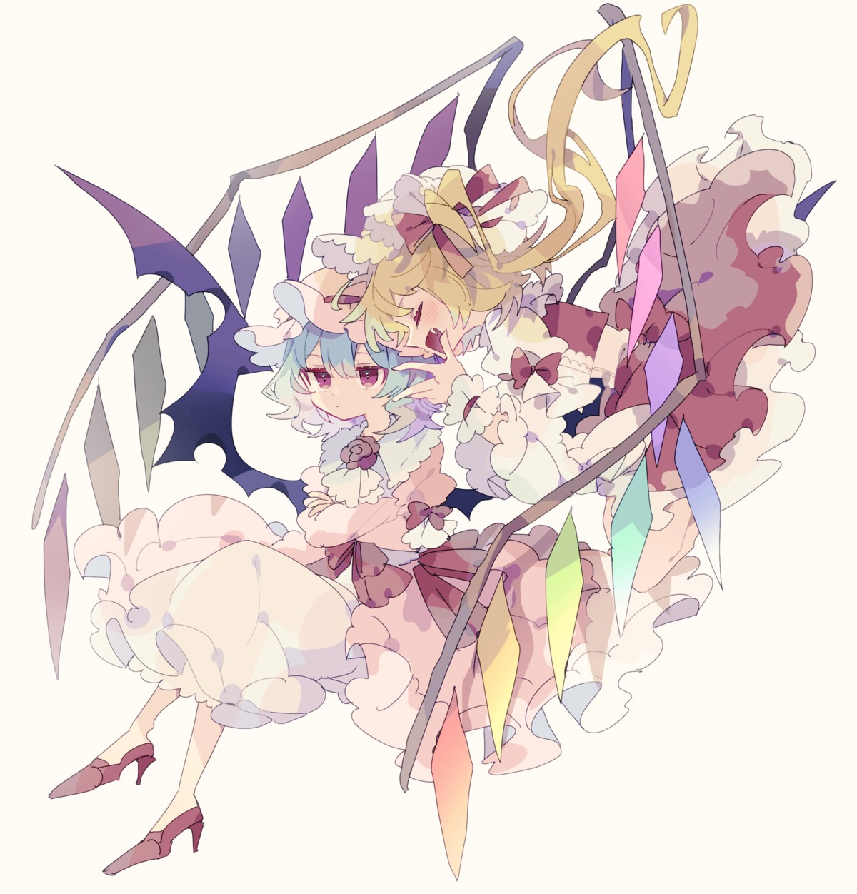 dress flandre_scarlet heels nikorashika remilia_scarlet skirt_lift touhou wings