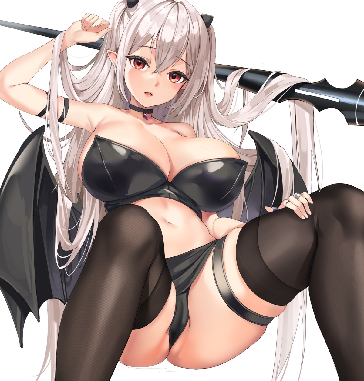 cameltoe garter horns lillly no_bra pantsu pointy_ears skirt_lift thighhighs thong weapon wings