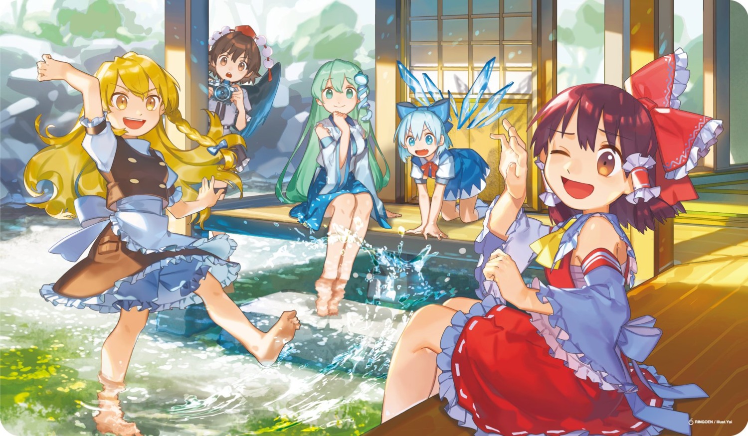 bandages cirno dress feet hakurei_reimu kirisame_marisa kochiya_sanae miko sarashi shameimaru_aya touhou wet wings yai