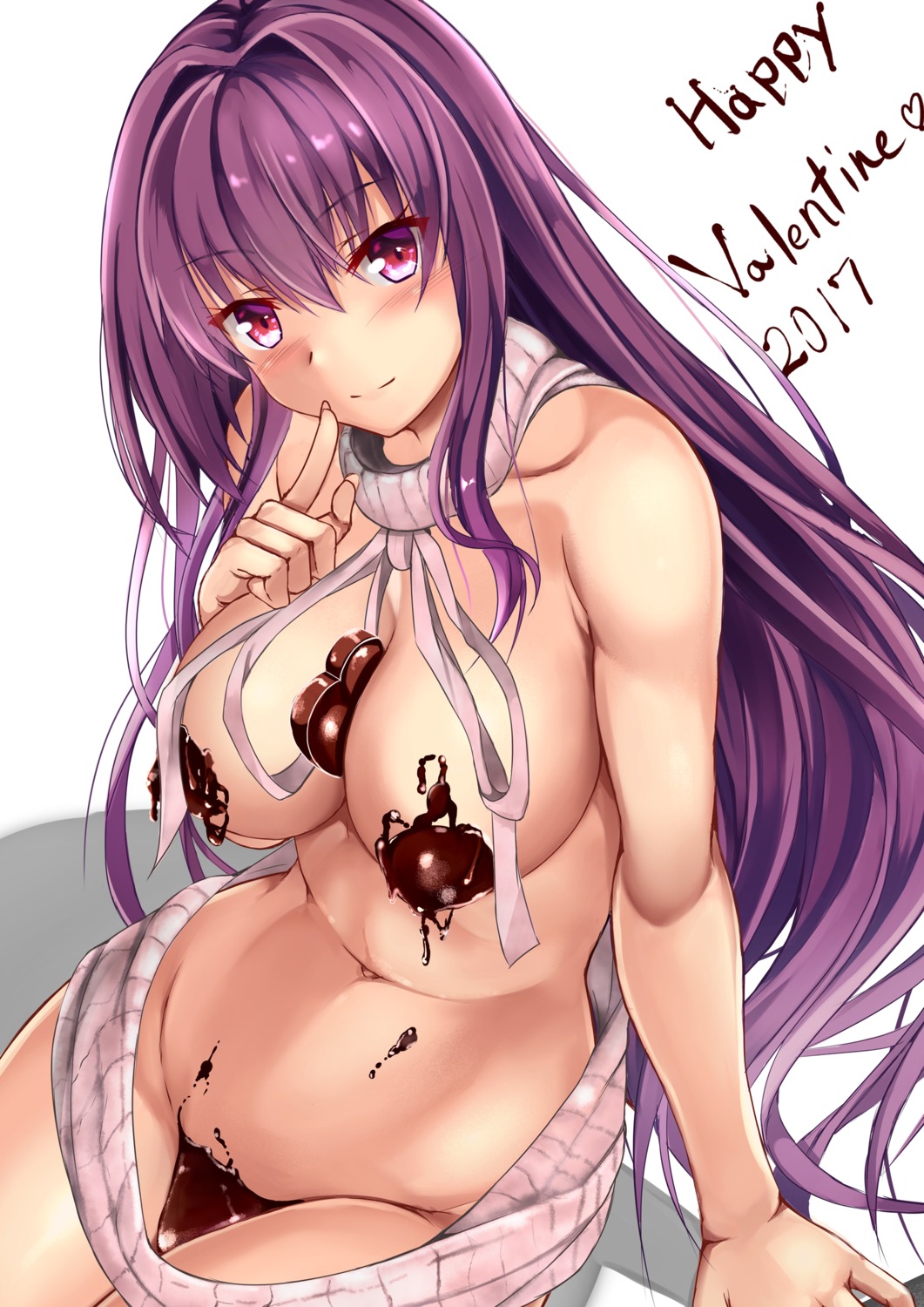 breasts censored cream fate/grand_order no_bra nopan scathach_(fate/grand_order) sweater uchida_shou valentine