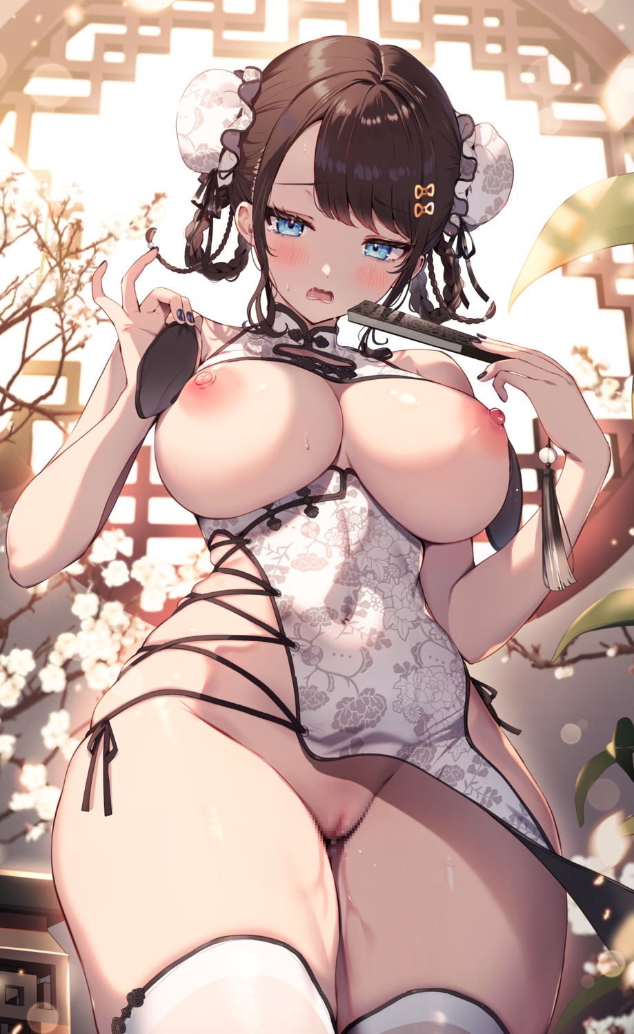 breasts censored chinadress katto_(viking) nipples no_bra nopan pussy pussy_juice skirt_lift thighhighs