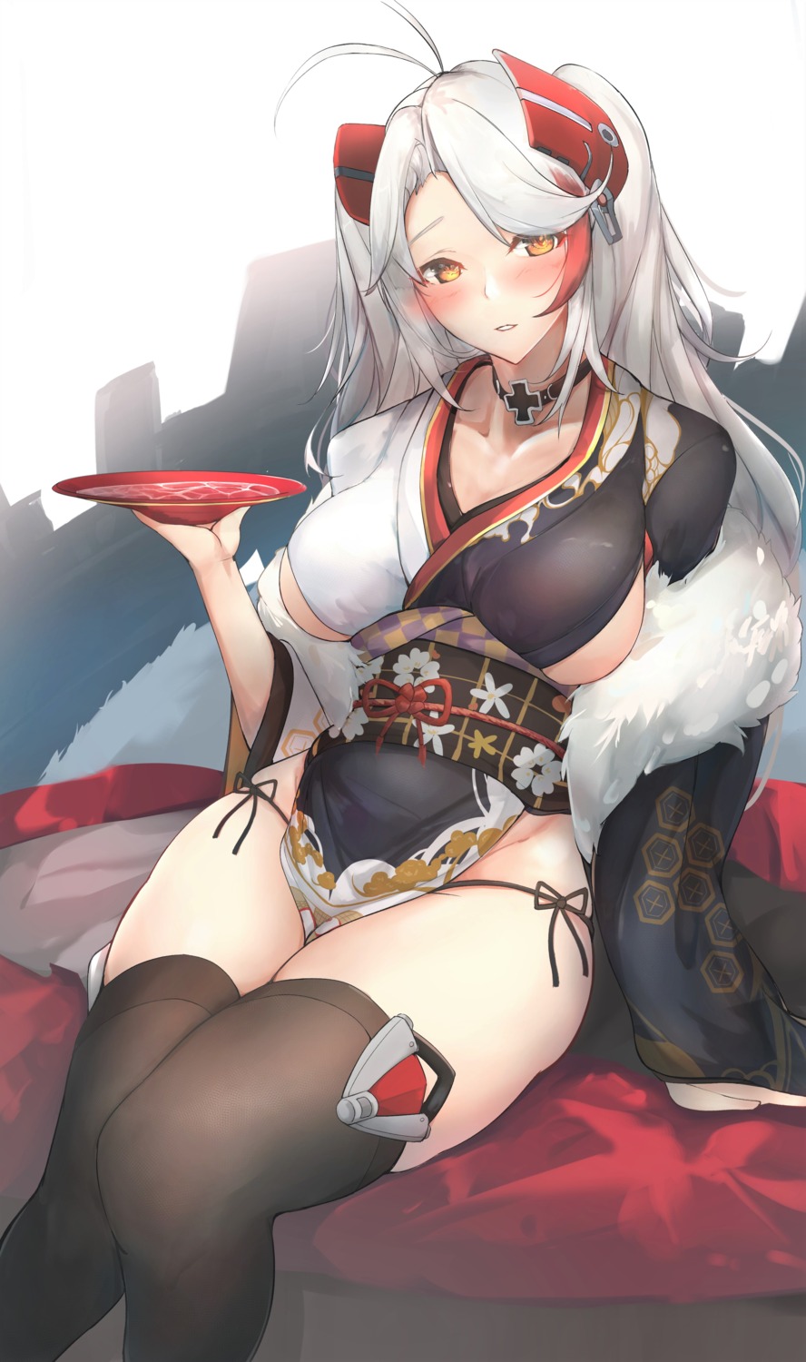 azur_lane cleavage japanese_clothes pantsu prinz_eugen_(azur_lane) string_panties thighhighs yusha_(m-gata)