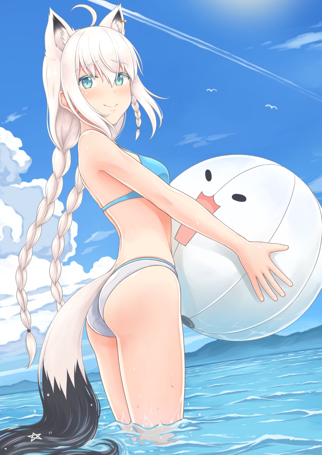 animal_ears ass bikini hololive hololive_gamers karasuma_yuuji kitsune shirakami_fubuki swimsuits tail wet