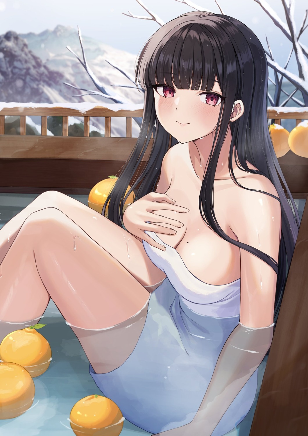 bathing breast_hold kuroto_yuu onsen towel wet