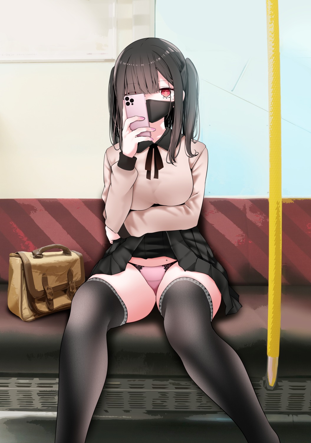 oouso pantsu selfie skirt_lift thighhighs