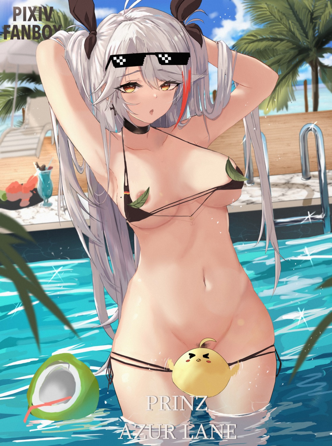 areola azur_lane bikini censored honk_(honk379637) manjuu_(azur_lane) megane panty_pull prinz_eugen_(azur_lane) pubic_hair swimsuits wet