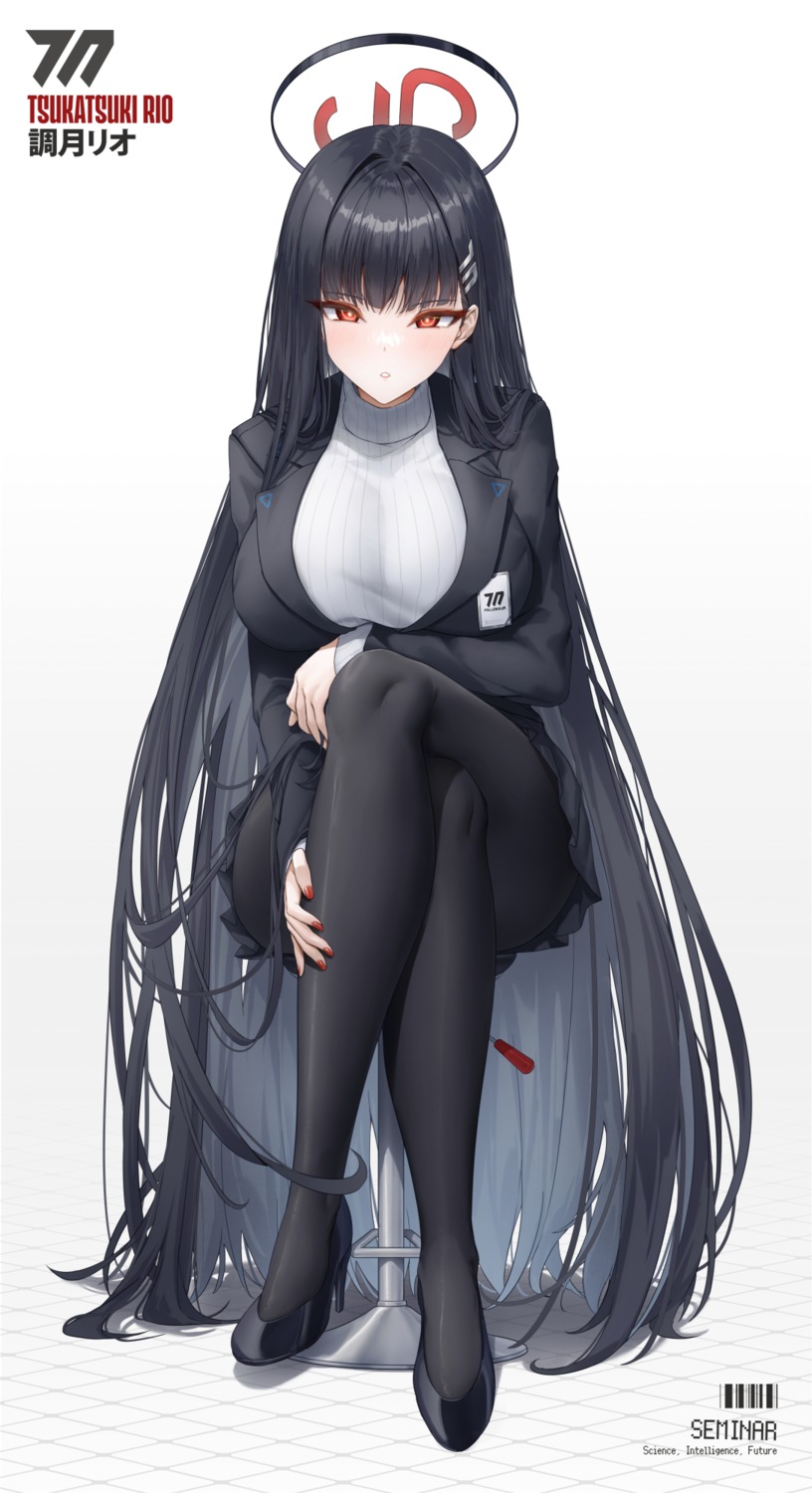 blue_archive business_suit halo heels pantyhose skirt_lift sweater tsukatsuki_rio xfate