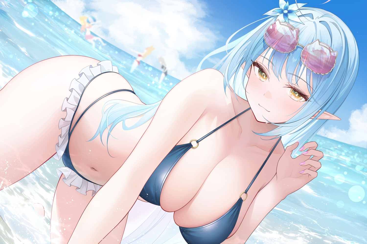 bikini elf hololive jpeg_artifacts megane momosuzu_nene omaru_polka pointy_ears shishiro_botan sumeragi_sumika swimsuits wet yukihana_lamy