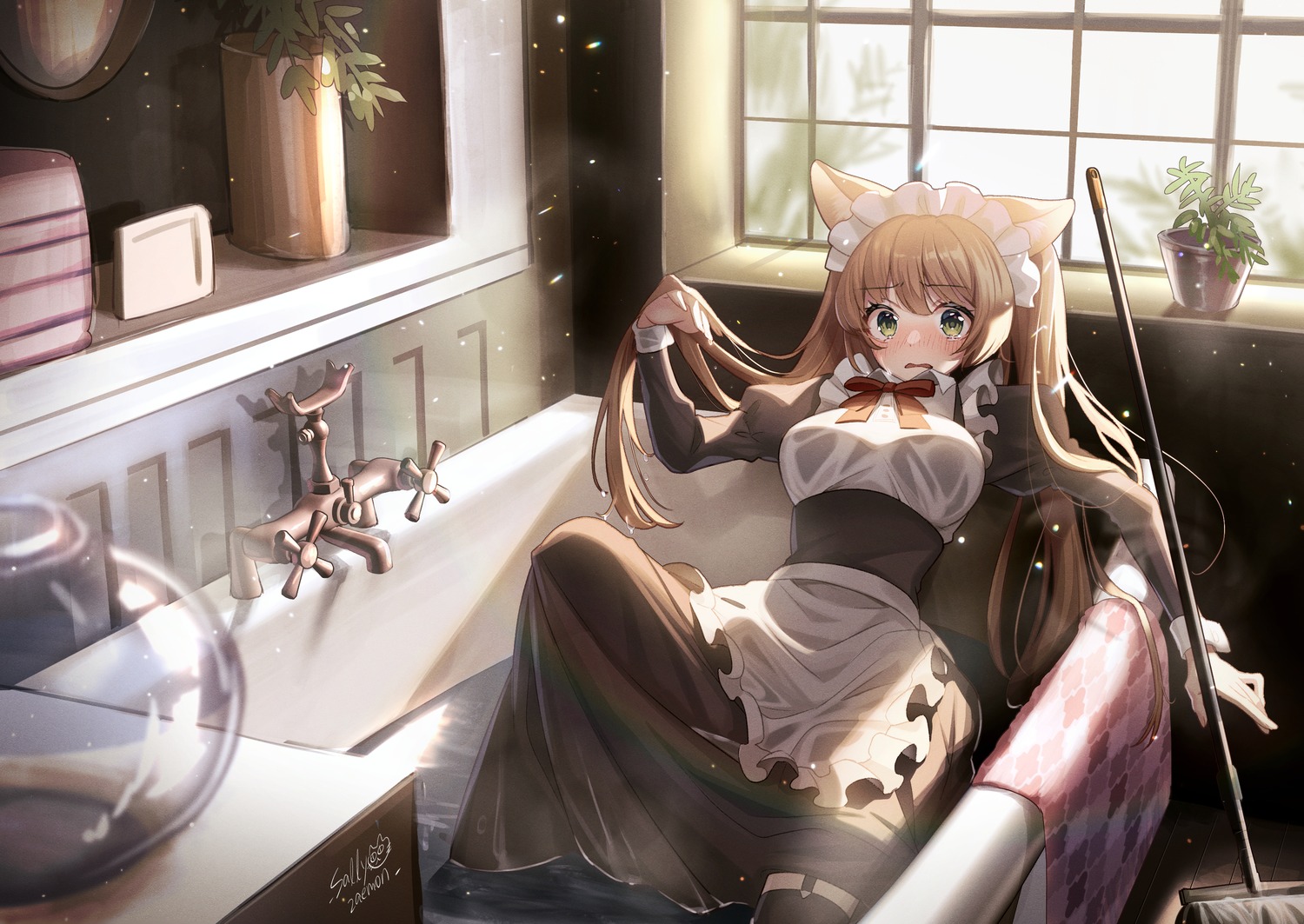 animal_ears bathing maid sallyzaemon see_through stockings thighhighs wet wet_clothes