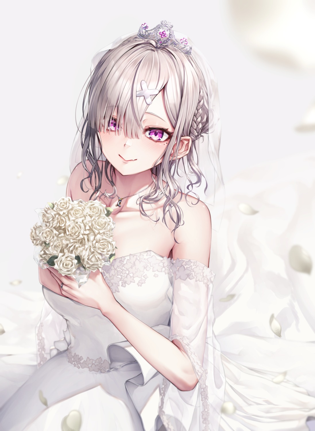 dress momonoko_noko nijisanji no_bra see_through sukoya_kana wedding_dress